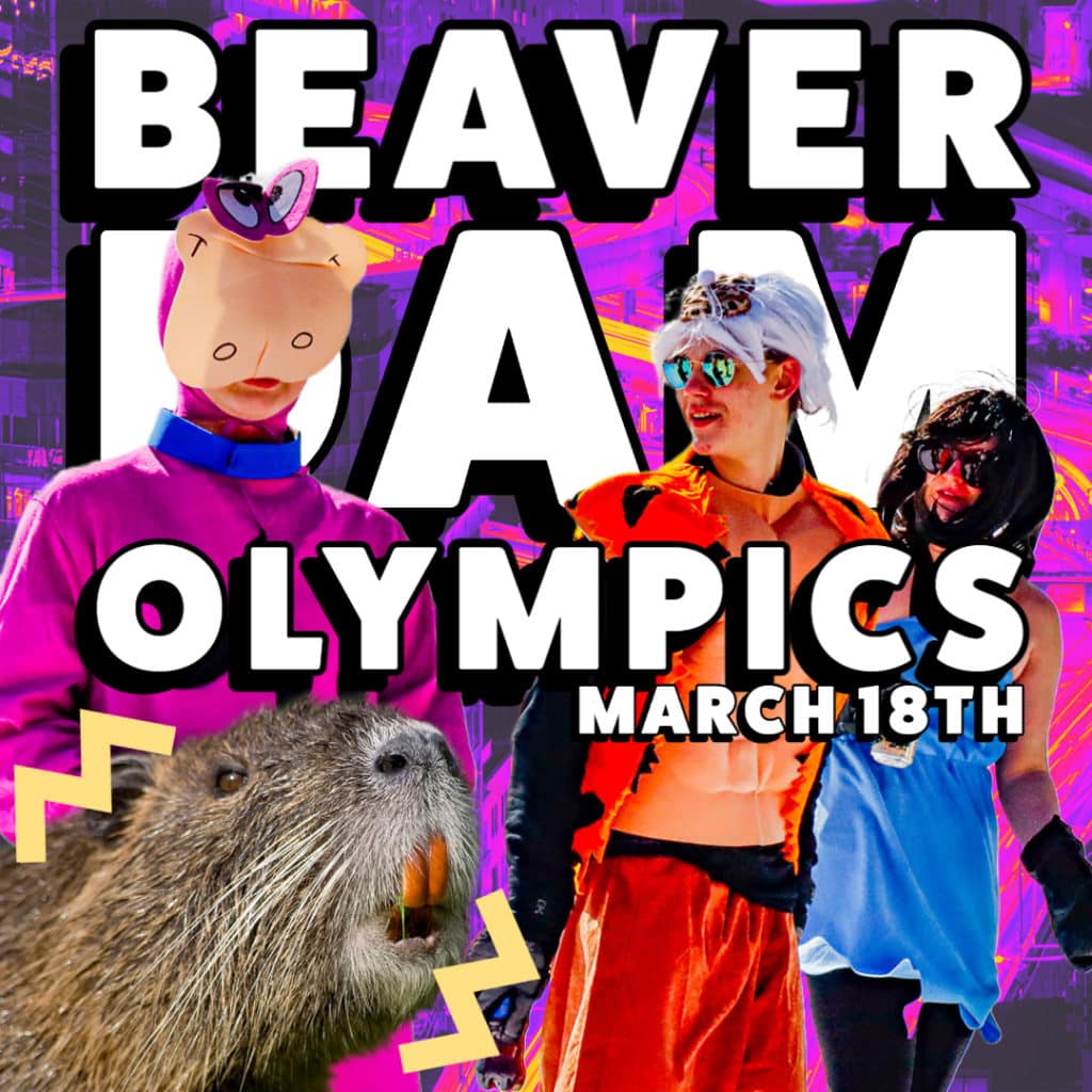 Participants in vibrant, whimsical outfits gearing up for Beaver Dam Olympics at Otsego Resort