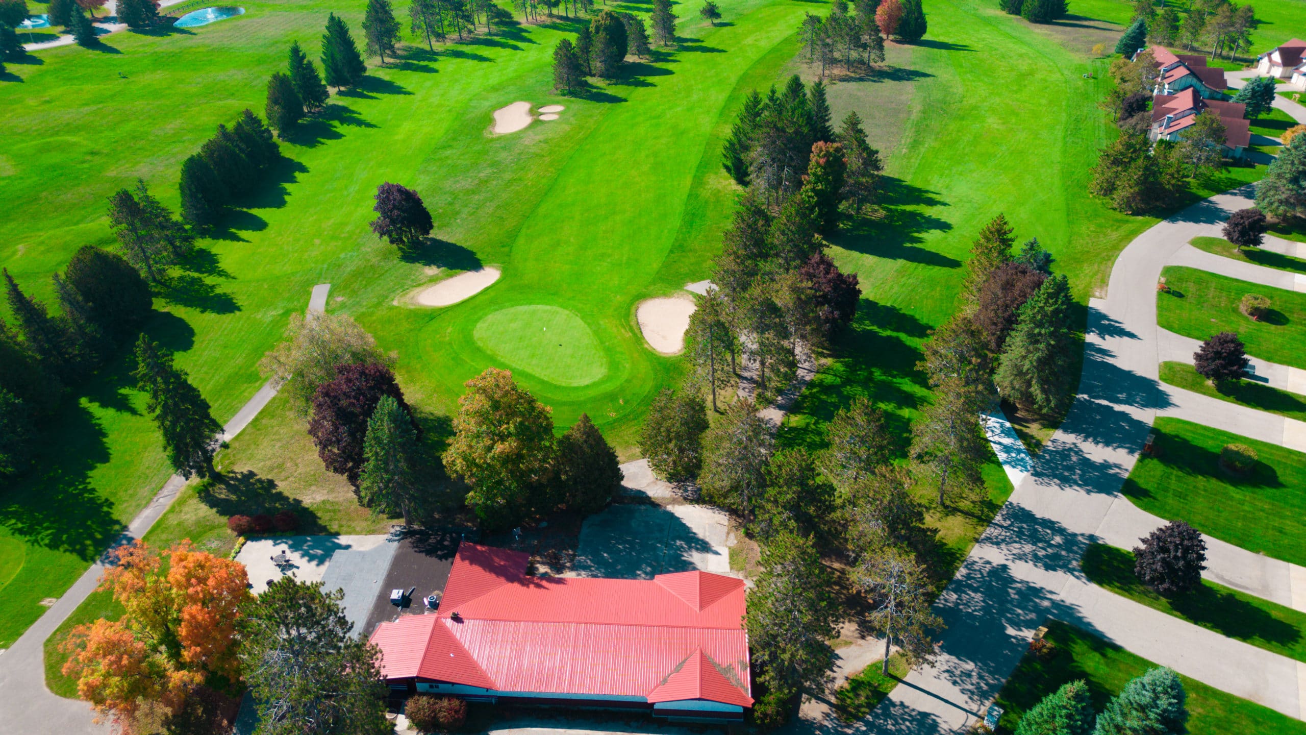 Birds eye view of The Classic Lodge, nestled next to the 18th hole of The Classic golf course.