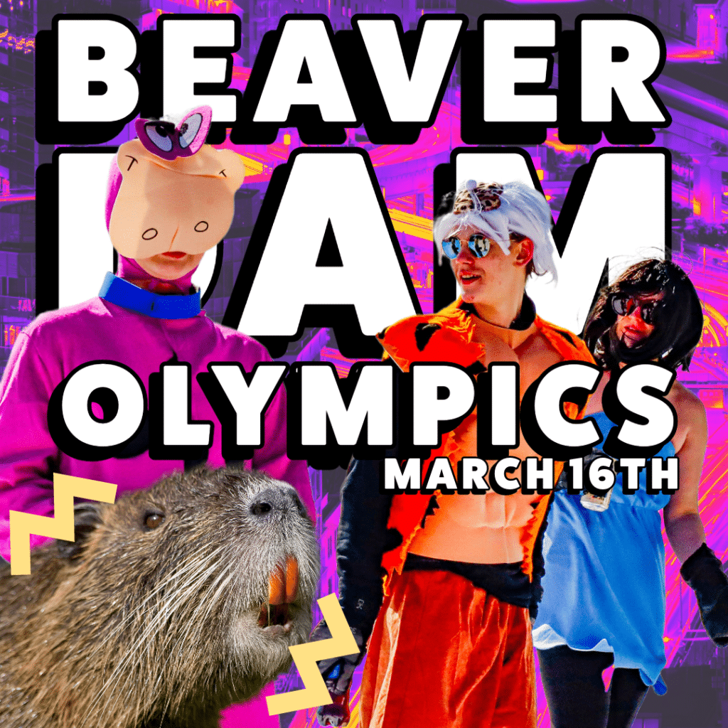 Participants in vibrant, whimsical outfits gearing up for Beaver Dam Olympics at Otsego Resort