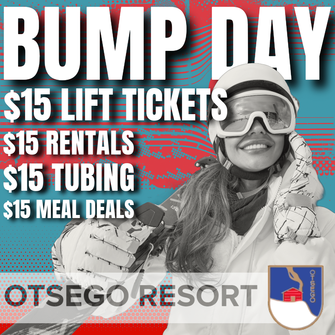 Graphic showcasing Bump Day deals at Otsego Resort with symbols for skiing, dining, and tubing against a snowy mountain backdrop.